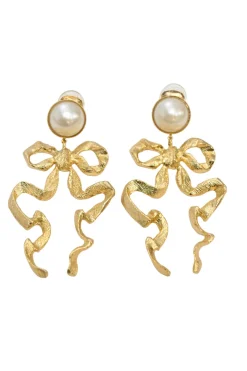 Gold-tone metal and faux pearl Annabelle bow drop clip-back earrings