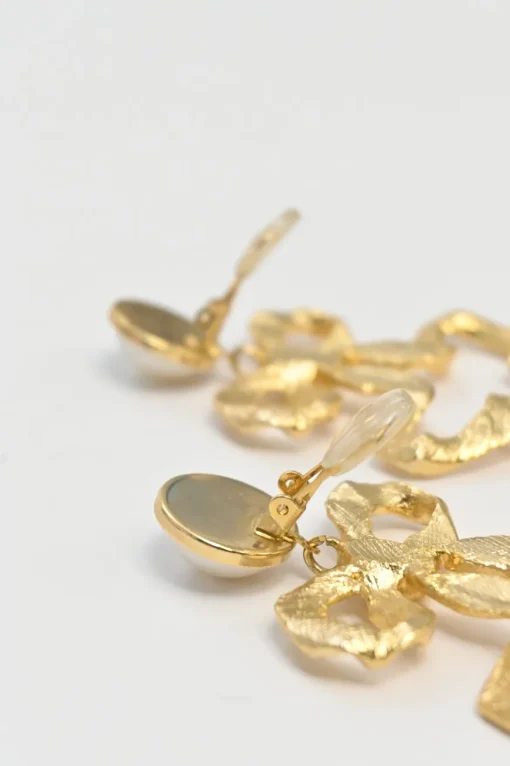 Gold-tone metal and faux pearl Annabelle bow drop clip-back earrings