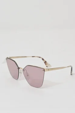 Gold-tone metal and pink mirrored polycarbonate Cinema Evolution square cat eye sunglasses with silver laser flower motif