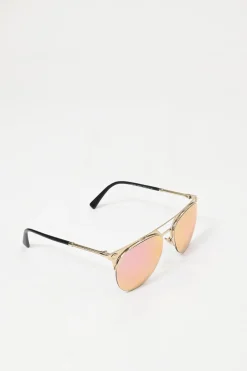 Gold-tone metal and pink mirrored polycarbonate semi-rimless aviator sunglasses