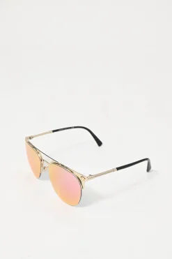 Gold-tone metal and pink mirrored polycarbonate semi-rimless aviator sunglasses
