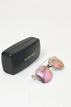 Gold-tone metal and pink mirrored polycarbonate semi-rimless aviator sunglasses