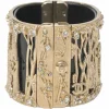 Gold-tone metal cherry forest filigree strass and black resin hinged cuff bracelet