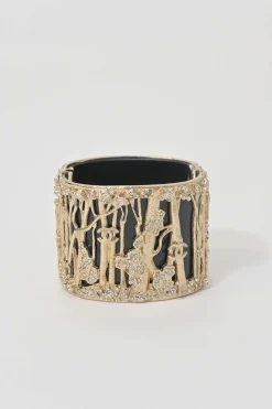 Gold-tone metal cherry forest filigree strass and black resin hinged cuff bracelet
