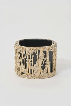 Gold-tone metal cherry forest filigree strass and black resin hinged cuff bracelet