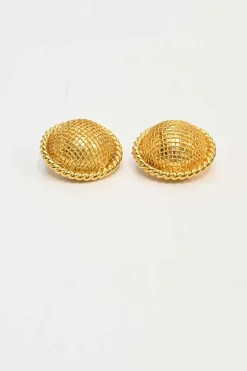 Gold-tone metallic clip-on dome earrings with braided edges