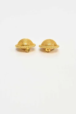Gold-tone metallic clip-on dome earrings with braided edges