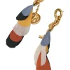 Gold-tone metallic feather-trimmed chainlink post drop earrings with horse medallion charm