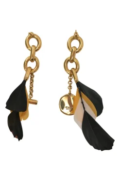 Gold-tone metallic feather-trimmed chainlink post drop earrings with horse medallion charm