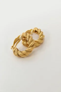 Gold-tone metallic rope hoop clip earrings