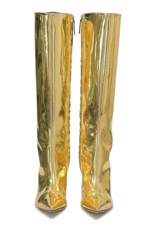 Gold-tone mirrored leather pointed-toe heeled tall boots