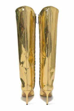 Gold-tone mirrored leather pointed-toe heeled tall boots