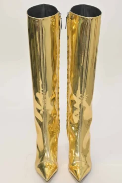 Gold-tone mirrored leather pointed-toe heeled tall boots