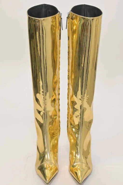 Gold-tone mirrored leather pointed-toe heeled tall boots