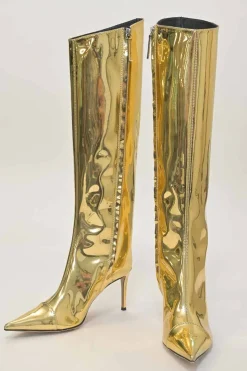 Gold-tone mirrored leather pointed-toe heeled tall boots