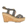 Gray high wedge sandals with high platform and top stitch detail.