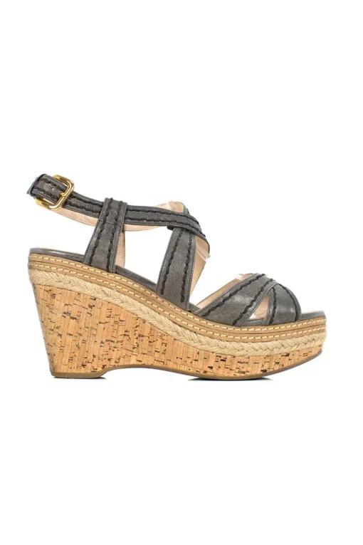 Gray high wedge sandals with high platform and top stitch detail.