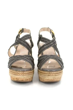 Gray high wedge sandals with high platform and top stitch detail.
