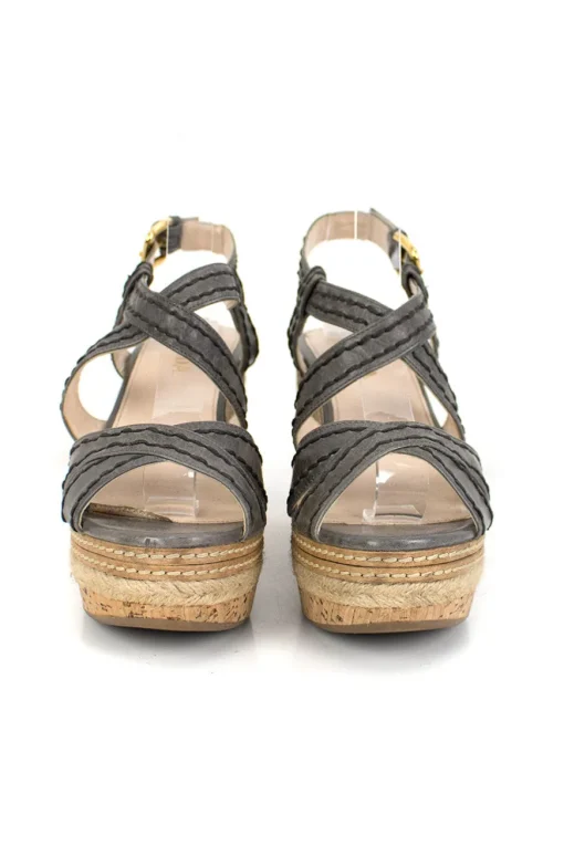Gray high wedge sandals with high platform and top stitch detail.