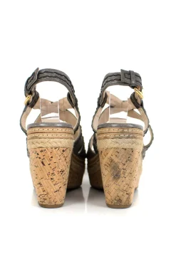 Gray high wedge sandals with high platform and top stitch detail.