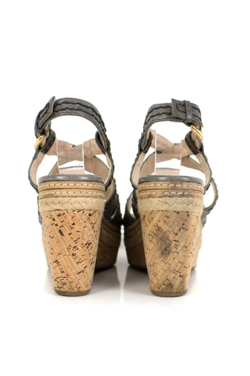 Gray high wedge sandals with high platform and top stitch detail.
