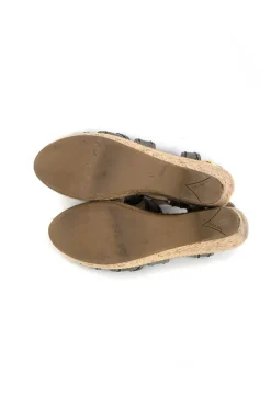 Gray high wedge sandals with high platform and top stitch detail.