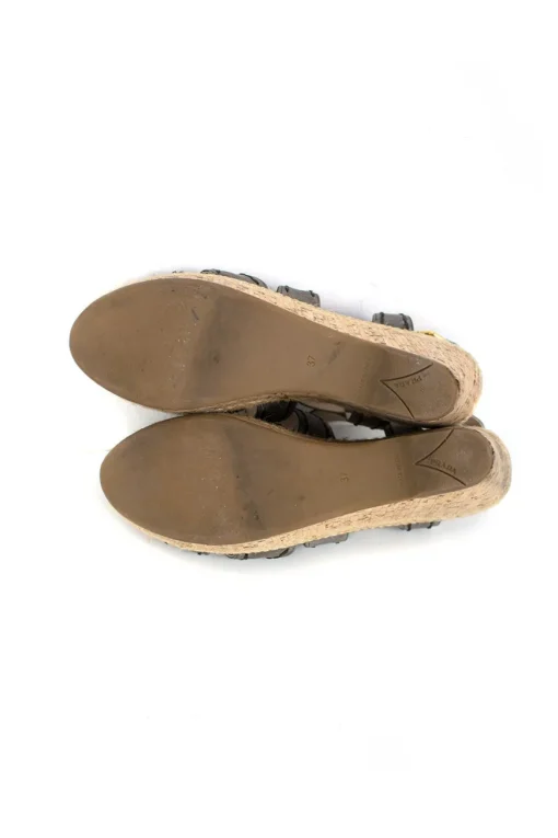 Gray high wedge sandals with high platform and top stitch detail.