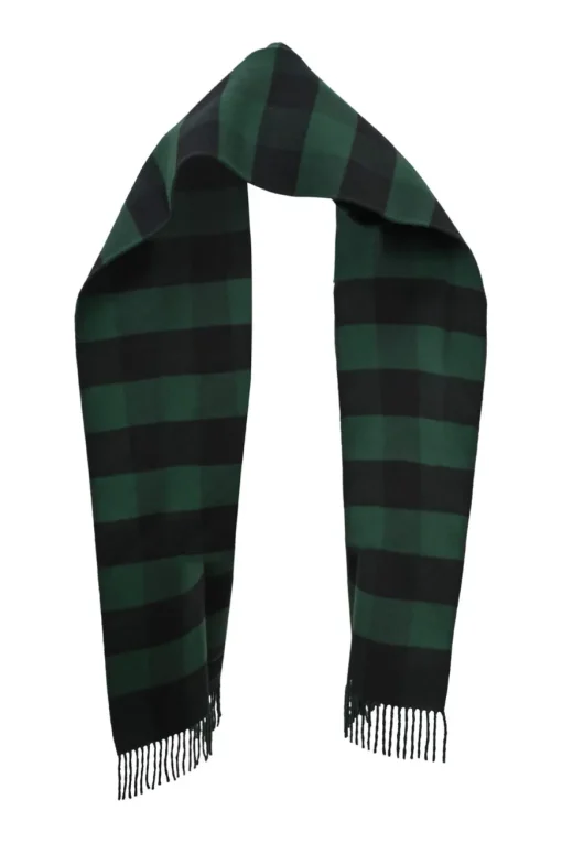 Green and black rabbit hair-wool blend buffalo check fringe scarf