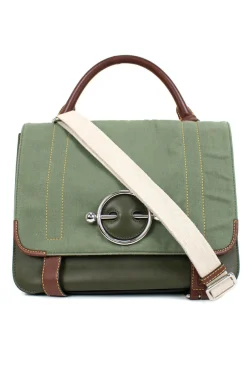Green and brown leather top satchel bag with silver metal detail on the fabric flap and detachable fabric shoulder strap.