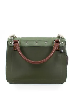 Green and brown leather top satchel bag with silver metal detail on the fabric flap and detachable fabric shoulder strap.
