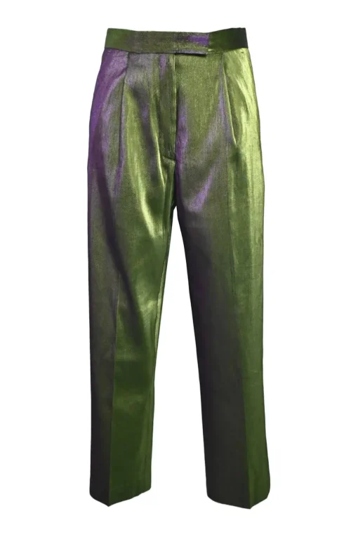 Green and purple iridescent viscose-blend pull-on high-rise tapered leg tailored trousers with extended tab closure