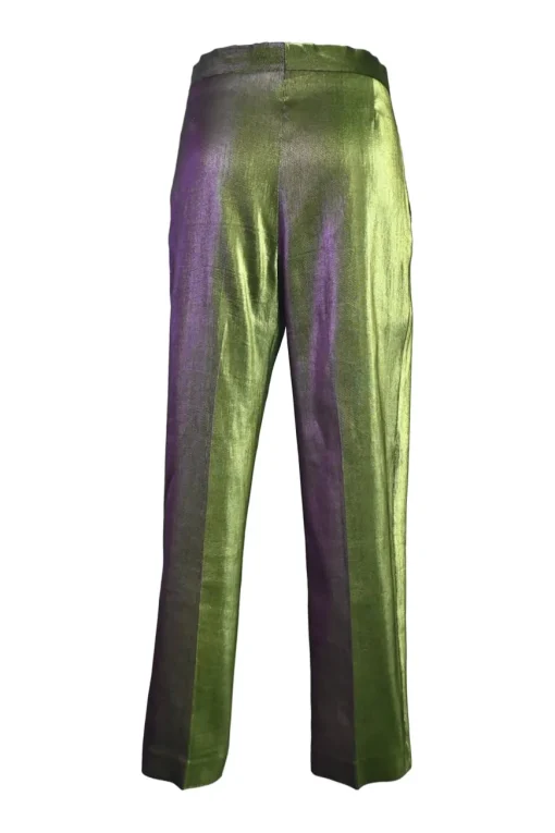 Green and purple iridescent viscose-blend pull-on high-rise tapered leg tailored trousers with extended tab closure