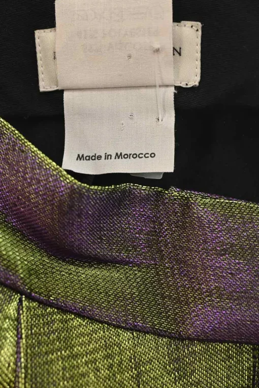Green and purple iridescent viscose-blend pull-on high-rise tapered leg tailored trousers with extended tab closure