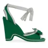 Green and white fabric wedges with ribbon on the vamp