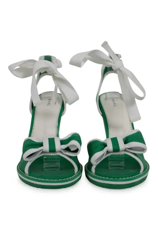 Green and white fabric wedges with ribbon on the vamp