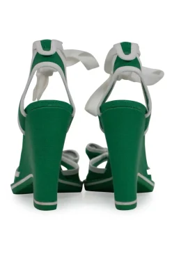 Green and white fabric wedges with ribbon on the vamp