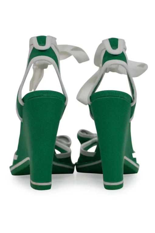 Green and white fabric wedges with ribbon on the vamp