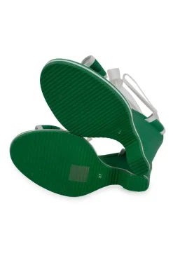 Green and white fabric wedges with ribbon on the vamp