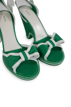 Green and white fabric wedges with ribbon on the vamp