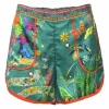 Green botanic print lounge shorts featuring contrasting piping details