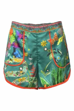 Green botanic print lounge shorts featuring contrasting piping details