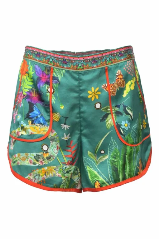 Green botanic print lounge shorts featuring contrasting piping details