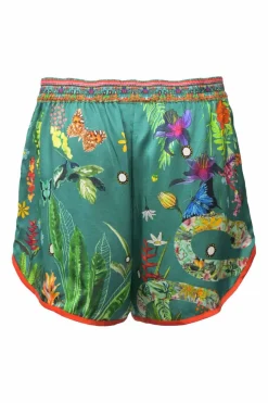 Green botanic print lounge shorts featuring contrasting piping details