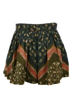 Green cotton abstract print belted wide-leg shorts