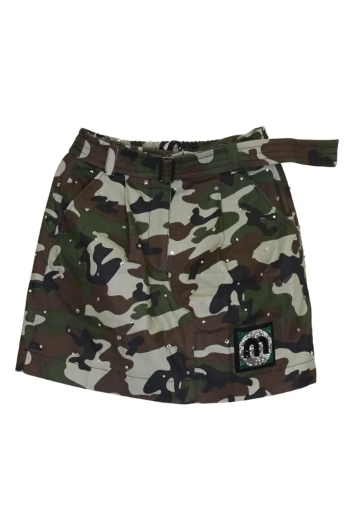 Green cotton-blend camouflage print crystal-embellished belted mini skirt with beaded logo patch
