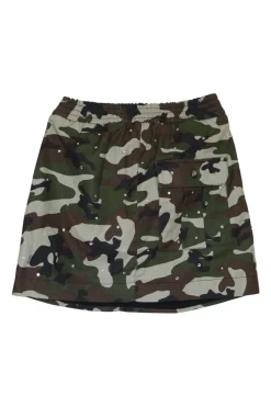 Green cotton-blend camouflage print crystal-embellished belted mini skirt with beaded logo patch