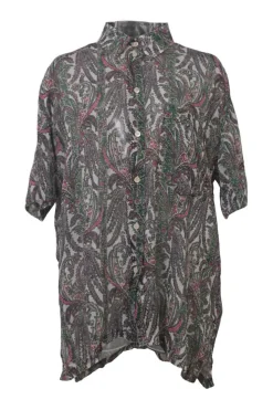 Green cotton-blend paisley print two-piece set with short sleeve shirt and drop-waist ruffle skirt