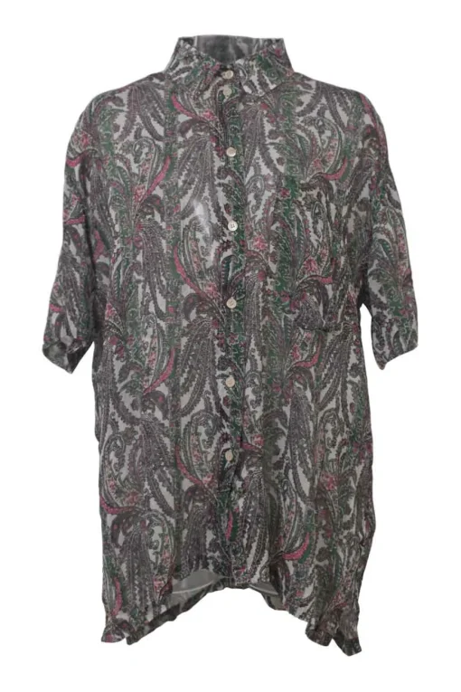 Green cotton-blend paisley print two-piece set with short sleeve shirt and drop-waist ruffle skirt
