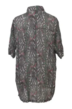 Green cotton-blend paisley print two-piece set with short sleeve shirt and drop-waist ruffle skirt