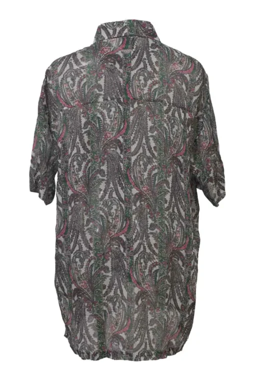 Green cotton-blend paisley print two-piece set with short sleeve shirt and drop-waist ruffle skirt